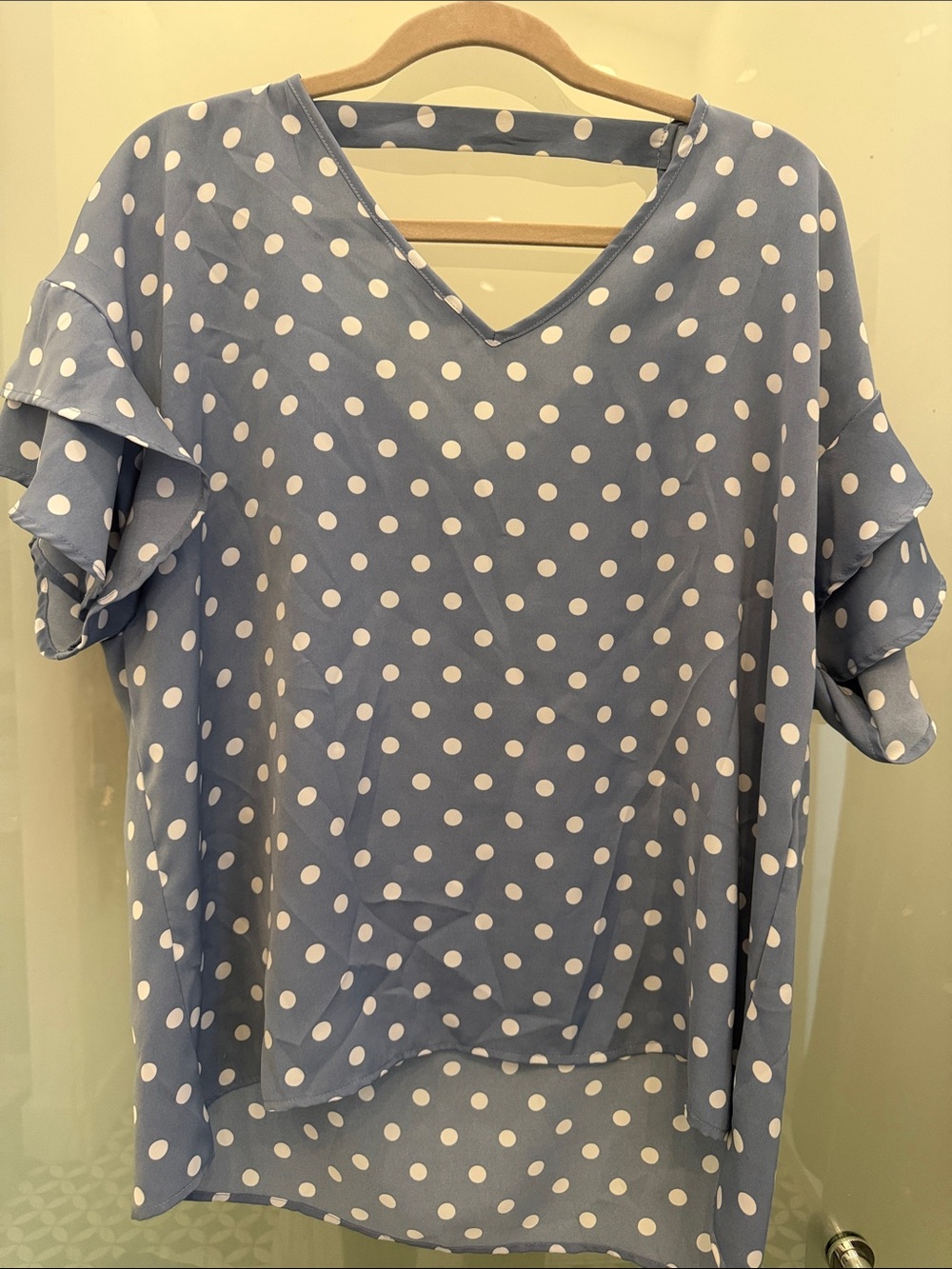 SHEIN Blue Polka Dot V-Neck Ruffle Sleeve Blouse
